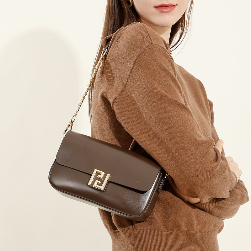 Genuine Leather Chain Flap Shoulder Bag - Cowhide Leather Lock Clasp Purse