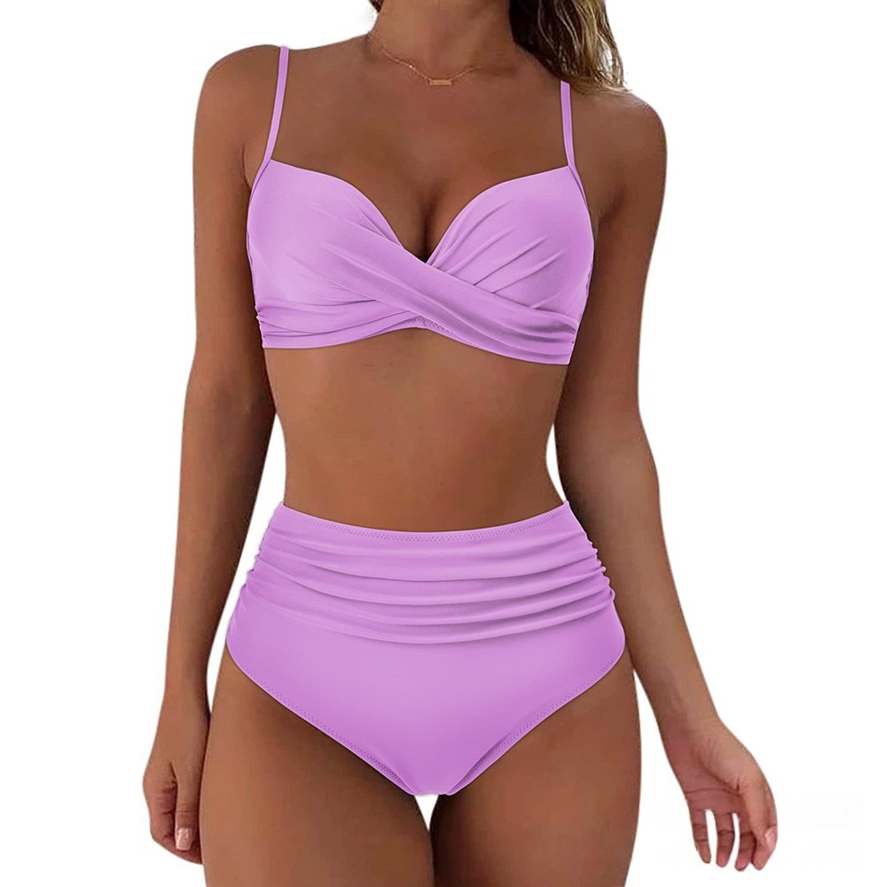 Cross-Back Bikini High-Waist Swimsuit Solid Color