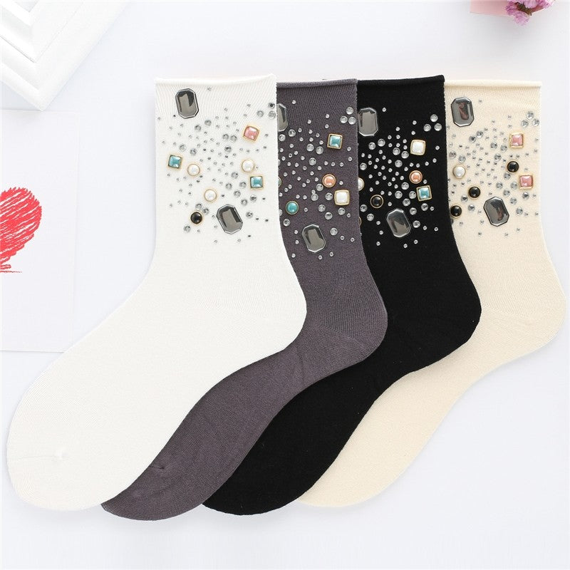 Solid Color Rhinestone Embellished Ankle Socks