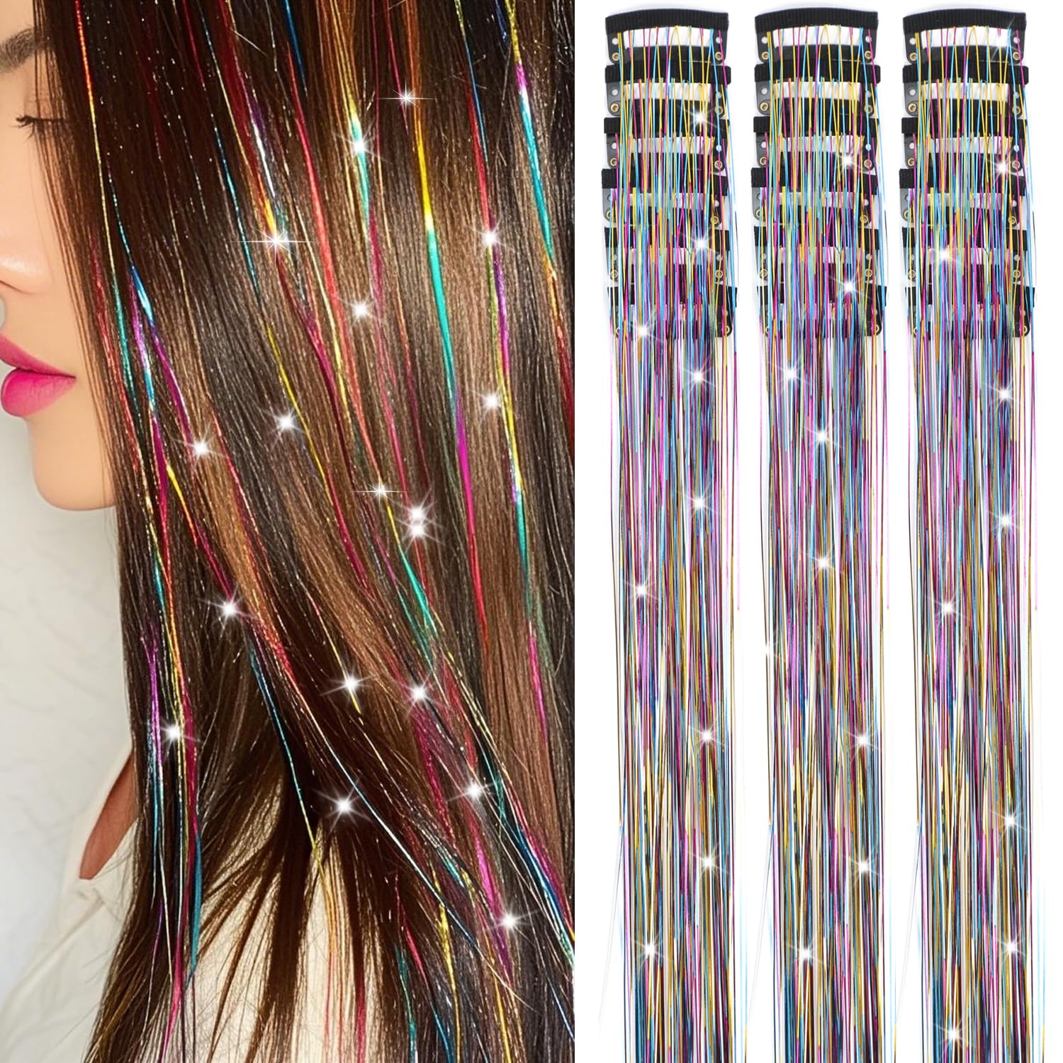 The AuraSparkle Tinsel Extensions - Clip-In Rainbow Sparkle for Instant Glamour + 50% OFF