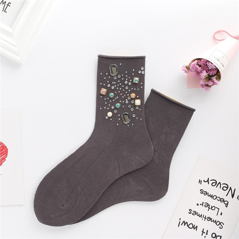 Solid Color Rhinestone Embellished Ankle Socks