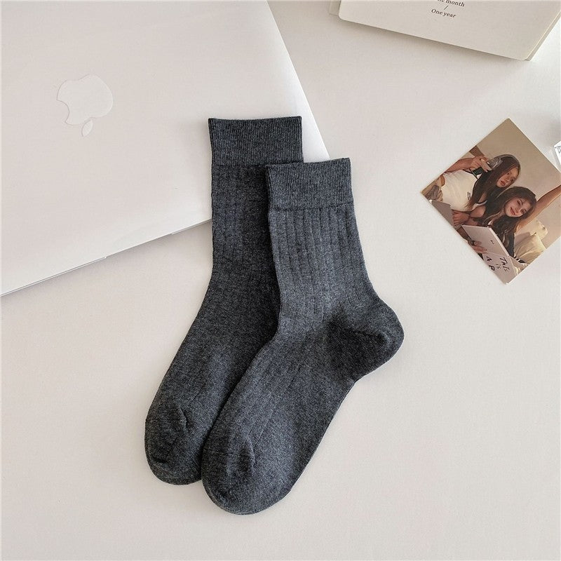 Solid Color Versatile Vertical Striped Thin Mid-Calf Socks