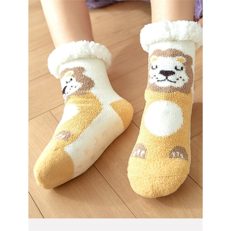 Cute Cartoon Printed Fleece Lininig  Non-Slip Kids Warm Floor Socks
