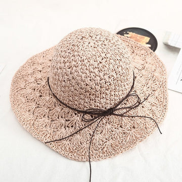 Hollow Straw Weave Wide Brim Sun Hat With Adjustable Strap