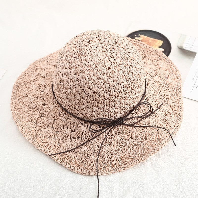 Hollow Straw Weave Wide Brim Sun Hat With Adjustable Strap