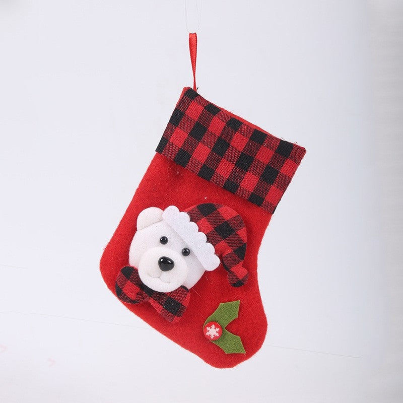 Red Black Plaid Patchwork Cute Cartoon Christmas Socks Gift Bag