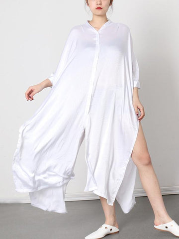 Meselling99 Soft White Lapel Split-Side Long Dress-Maxi Dress-WHITE-FREE SIZE-Free Shipping at meselling99