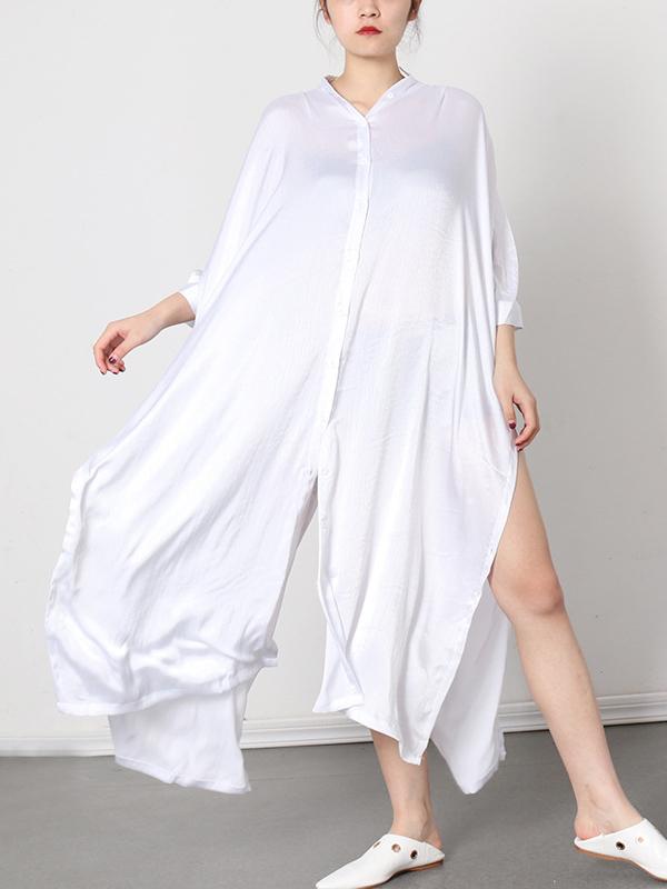Meselling99 Soft White Lapel Split-Side Long Dress-Maxi Dress-WHITE-FREE SIZE-Free Shipping at meselling99