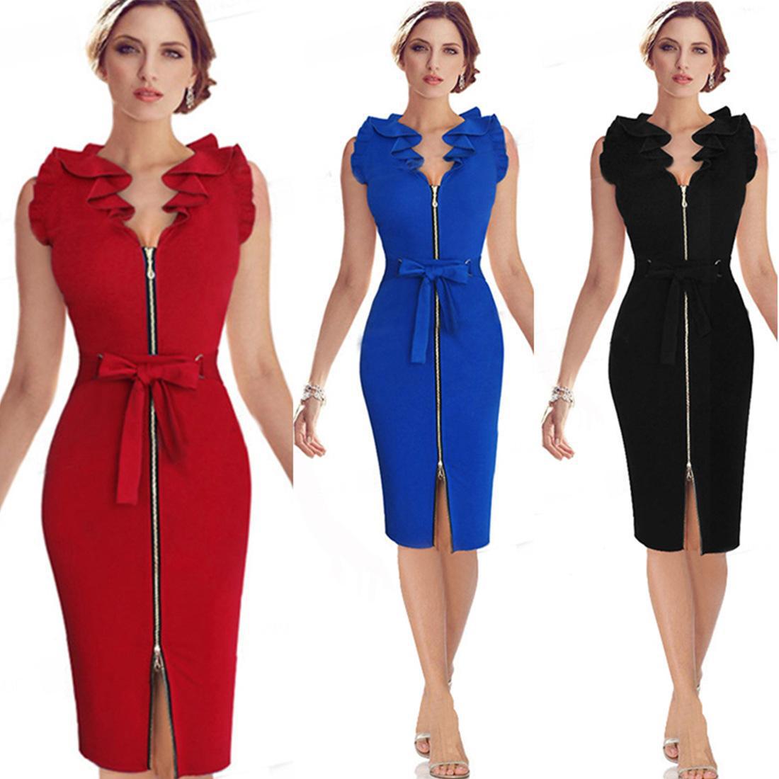 Sexy Ruffled V Neck Fashion Sheath Dresses-Sexy Dresses-Red-S-Free Shipping at meselling99