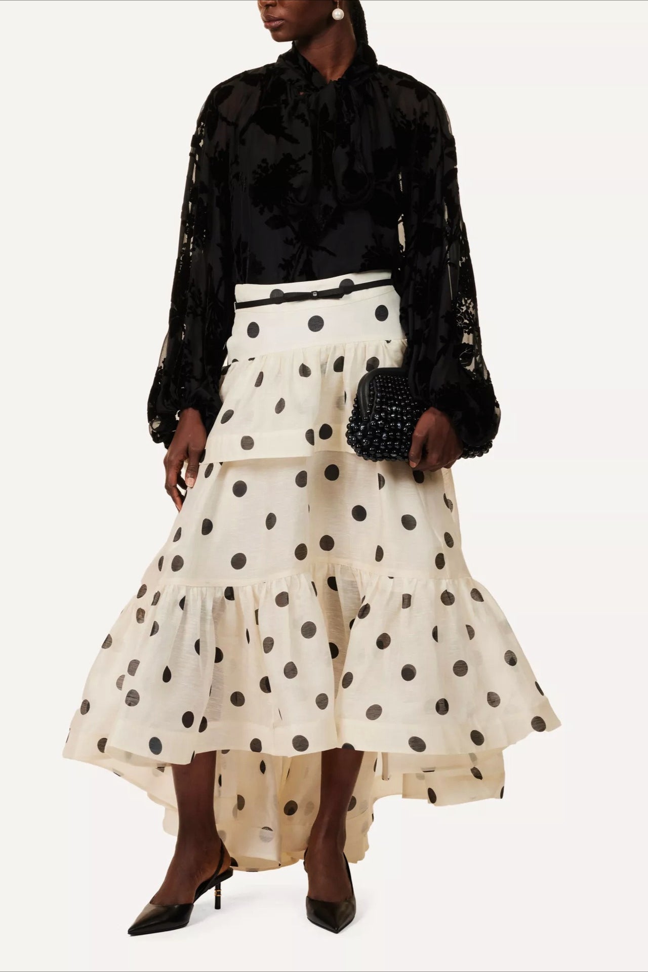 Tiered Ruffle Polka Dot Midi Skirt