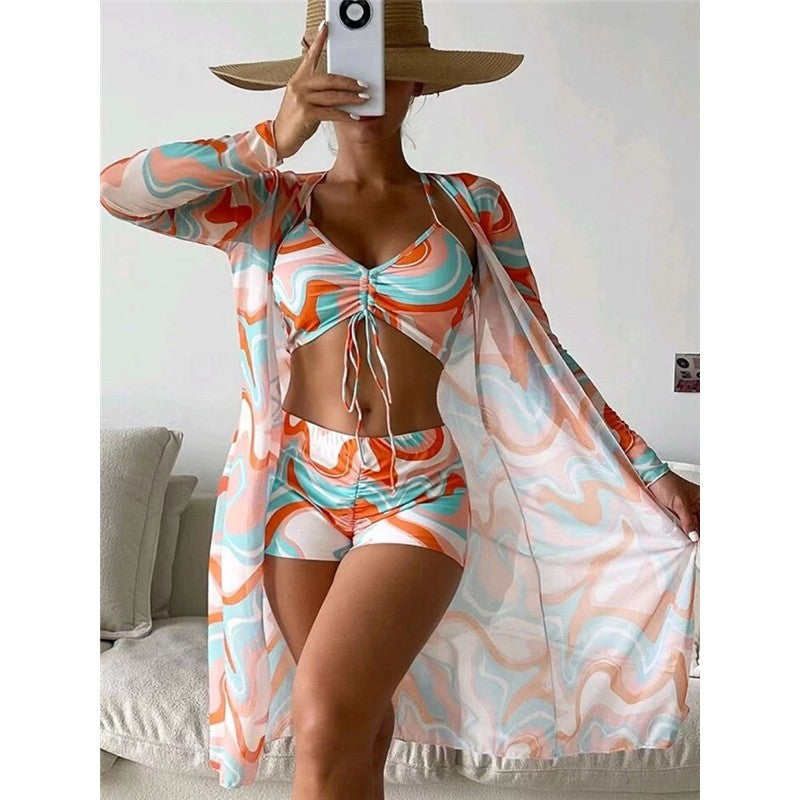 High Waist Long Sleeve Bikini Set With Cover Up And Drawstring Bottoms