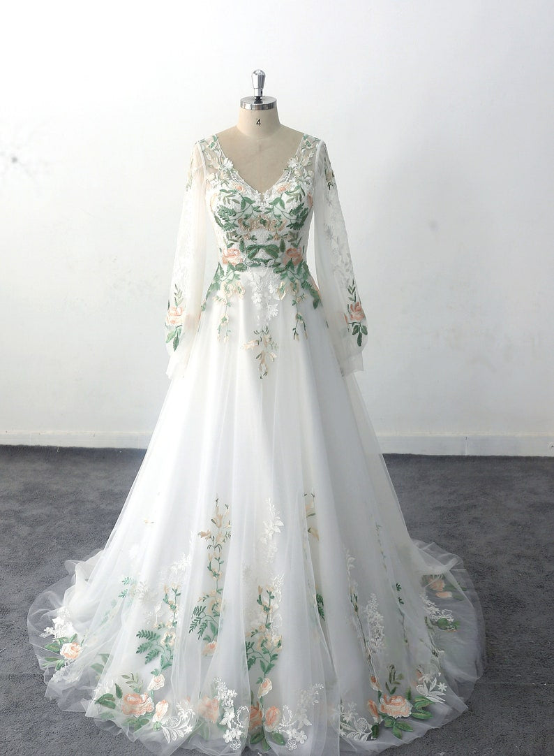 Puff Sleeve Wedding Dress Forest Fairy Green Lace Wedding Dresses