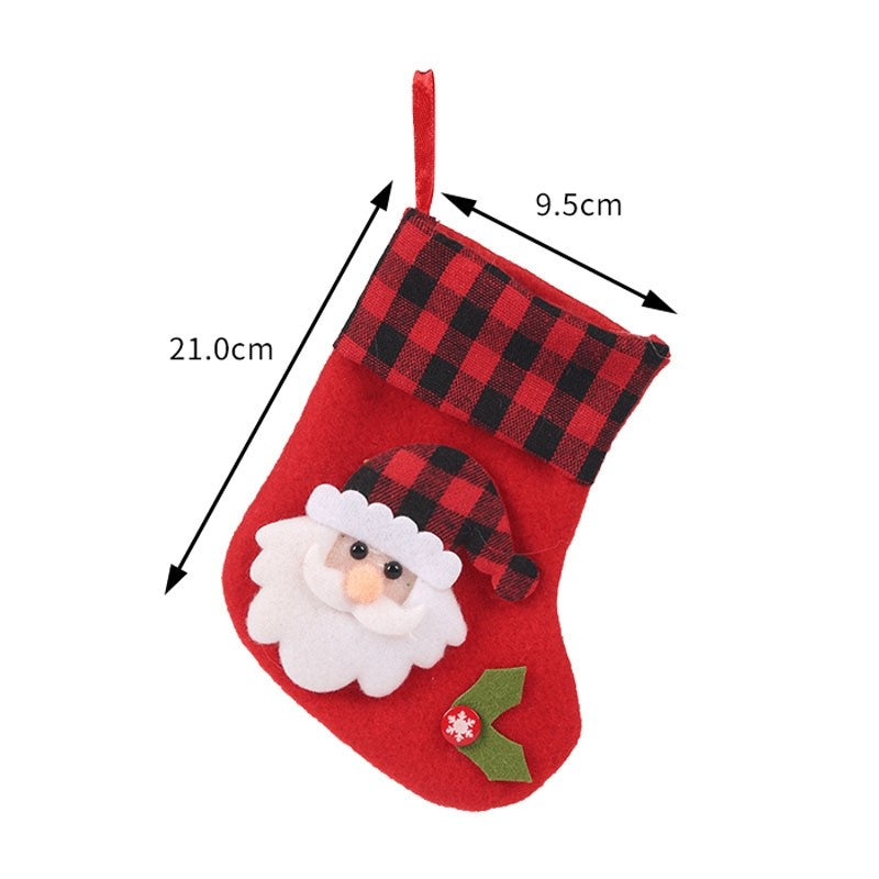 Red Black Plaid Patchwork Cute Cartoon Christmas Socks Gift Bag