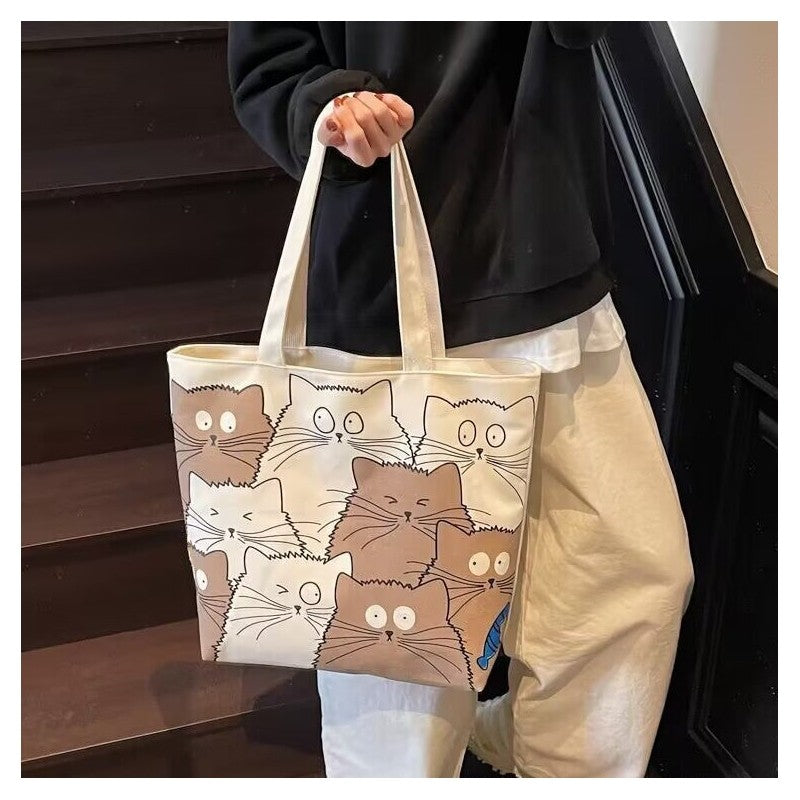 Large Capacity Canvas Shoulder Bag With Cute Cartoon Print