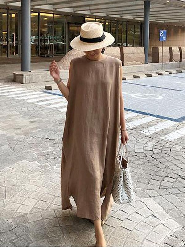 Meselling99 Simple Loose Split-side Sleeveless Long Dress-Maxi Dress-Free Shipping at meselling99