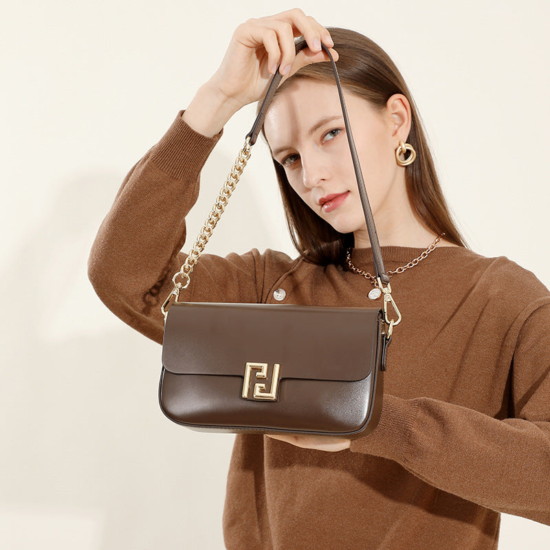 Genuine Leather Chain Flap Shoulder Bag - Cowhide Leather Lock Clasp Purse