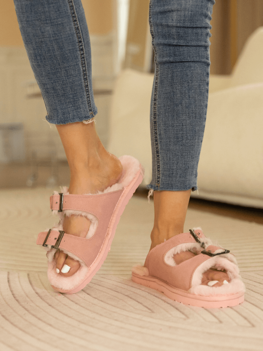 Woolen Lined Double Strap Suede Sandal - Pink