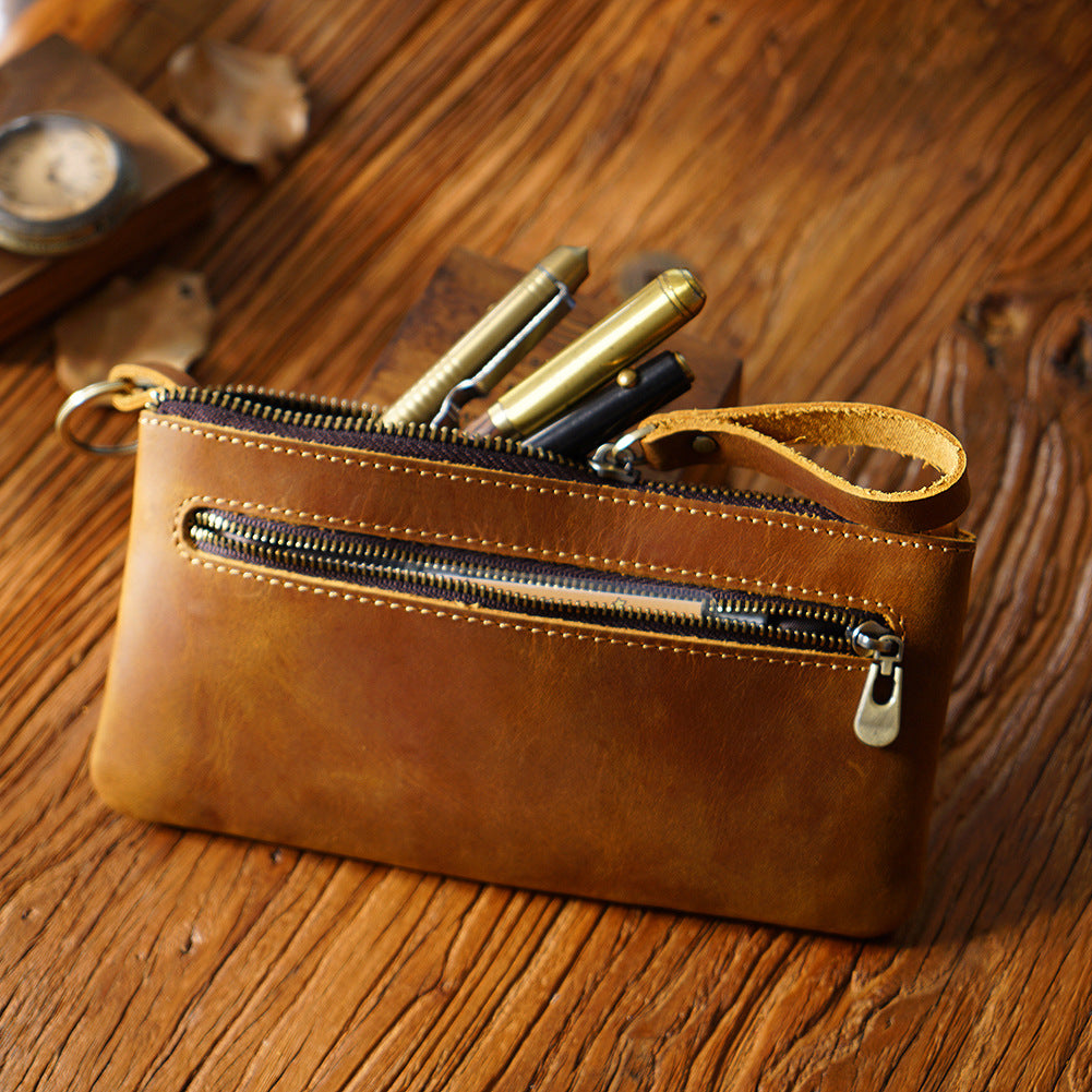 Retro Crazy Horse Leather Pencil Case - Creative Portable Hand Grip Buggy Bag