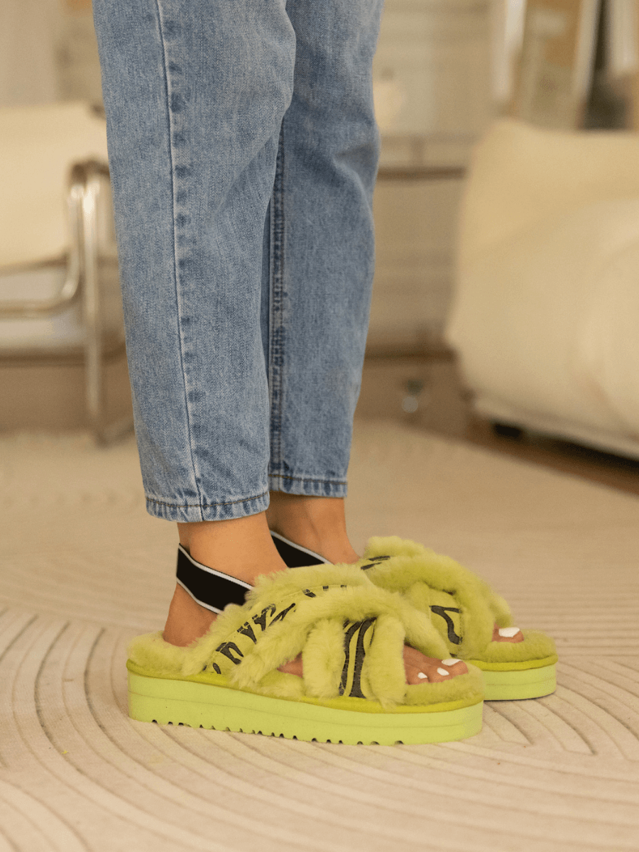 SmRoar Wool Lined Criss-Cross Strap Slipper - Green