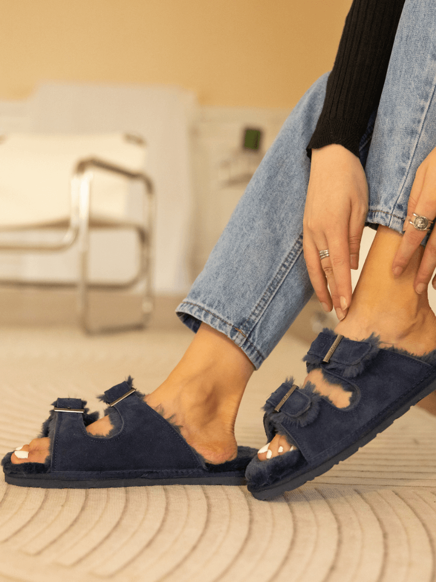 Woolen Lined Double Strap Suede Sandal - Navy
