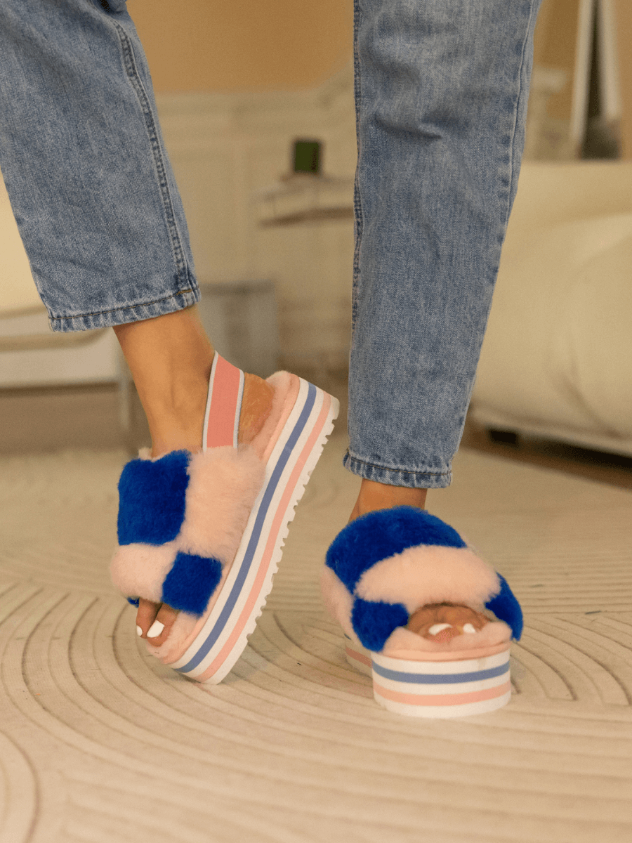 Harmony Contrast Woolen Platform Slipper - Pink