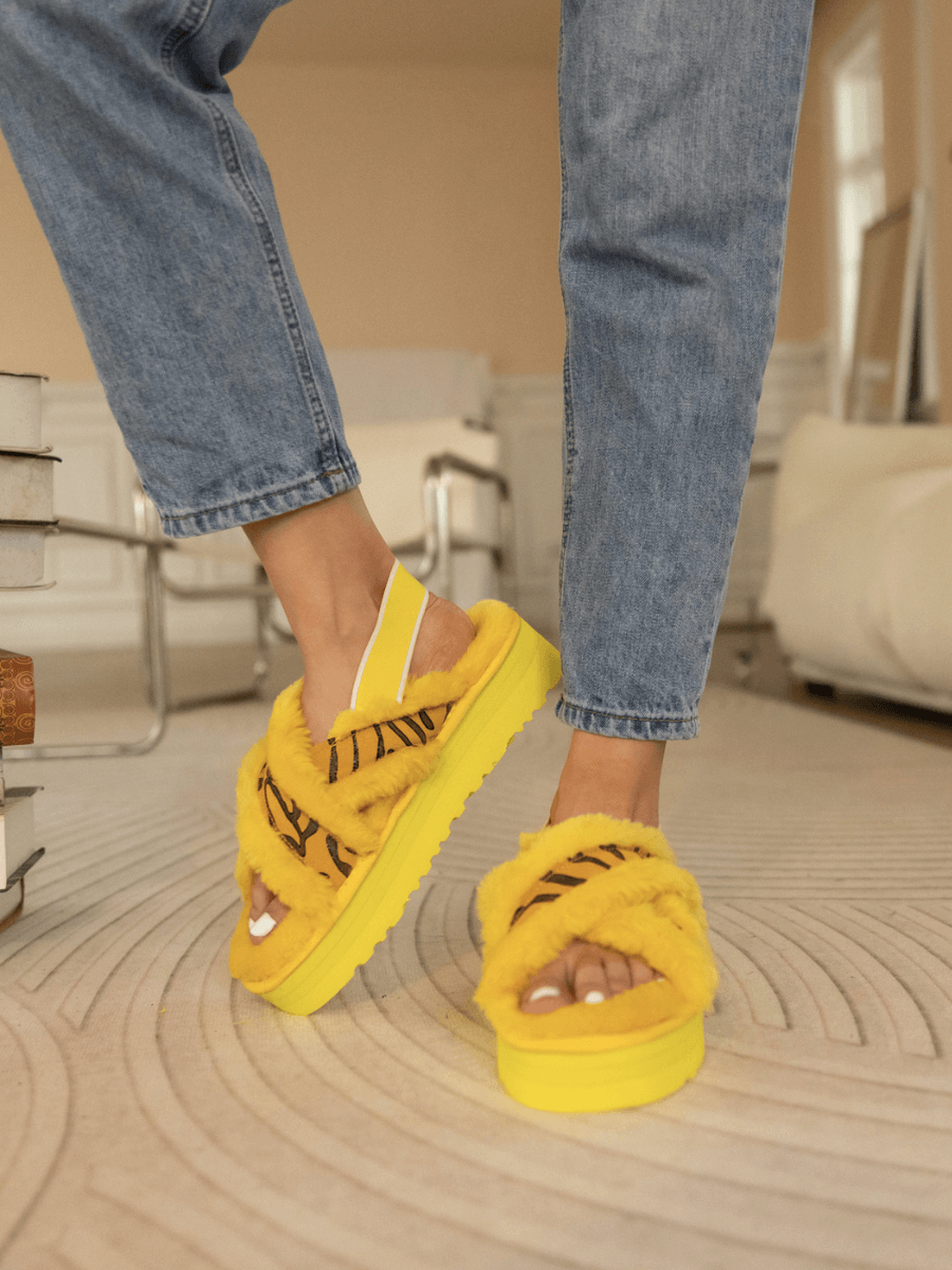 Roar Wool Lined Criss-Cross Strap Slipper - Yellow