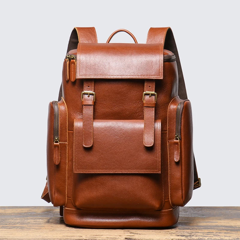 Cowhide Leather Backpack – High-Capacity Men’s Travel, Hiking & Laptop Satchel Bag
