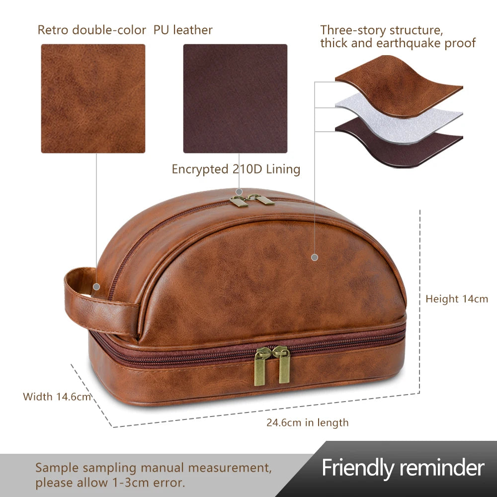 Men's Leather Waterproof Toiletry Bag - Large Capacity Storage Cosmetic Case