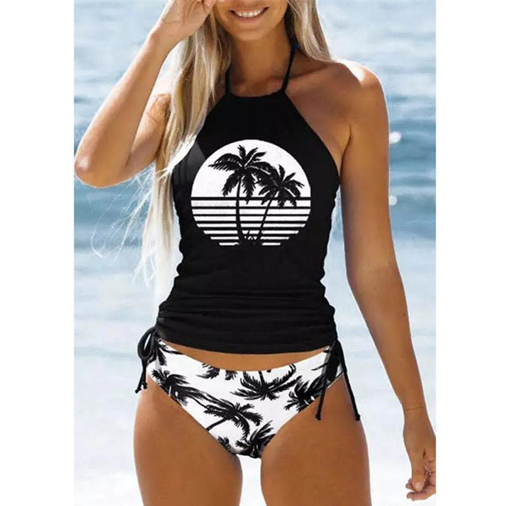 Women's Bikini Set With Coconut Print, Halter Neck, High-Waisted