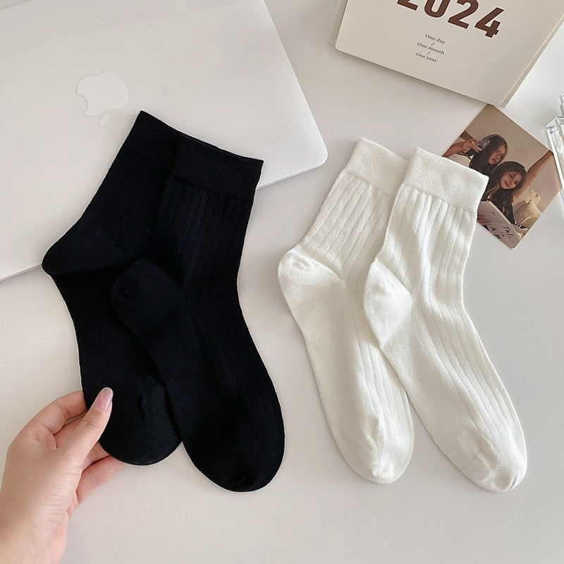 Solid Color Versatile Vertical Striped Thin Mid-Calf Socks