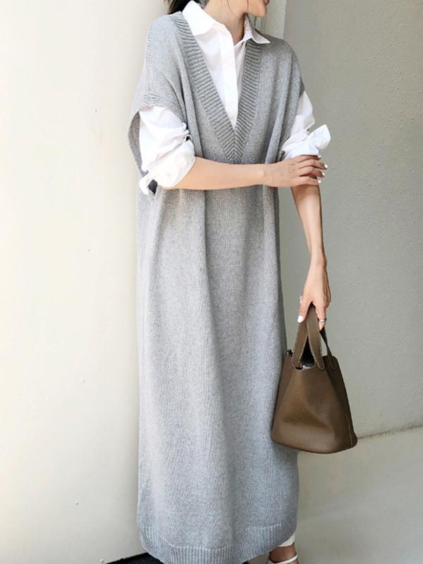 Meselling99 Knitting Loose V-Neck Sleeveless Long Dress-Maxi Dress-GRAY-FREE SIZE-Free Shipping at meselling99