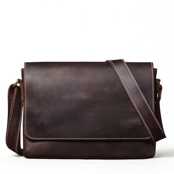 Crazy Horse Leather Messenger Bag - Men's Vintage Flap Crossbody Bags
