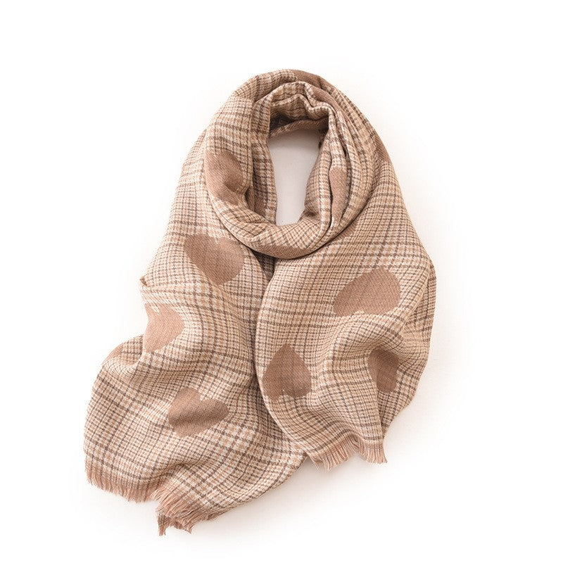 Heart Printed Plaid Tasseled Thick Warm Shawl Scarf