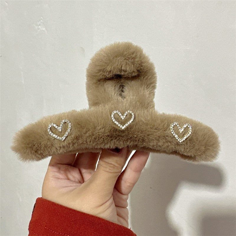 Rhinestone Heart Furry Hair Claw Clip