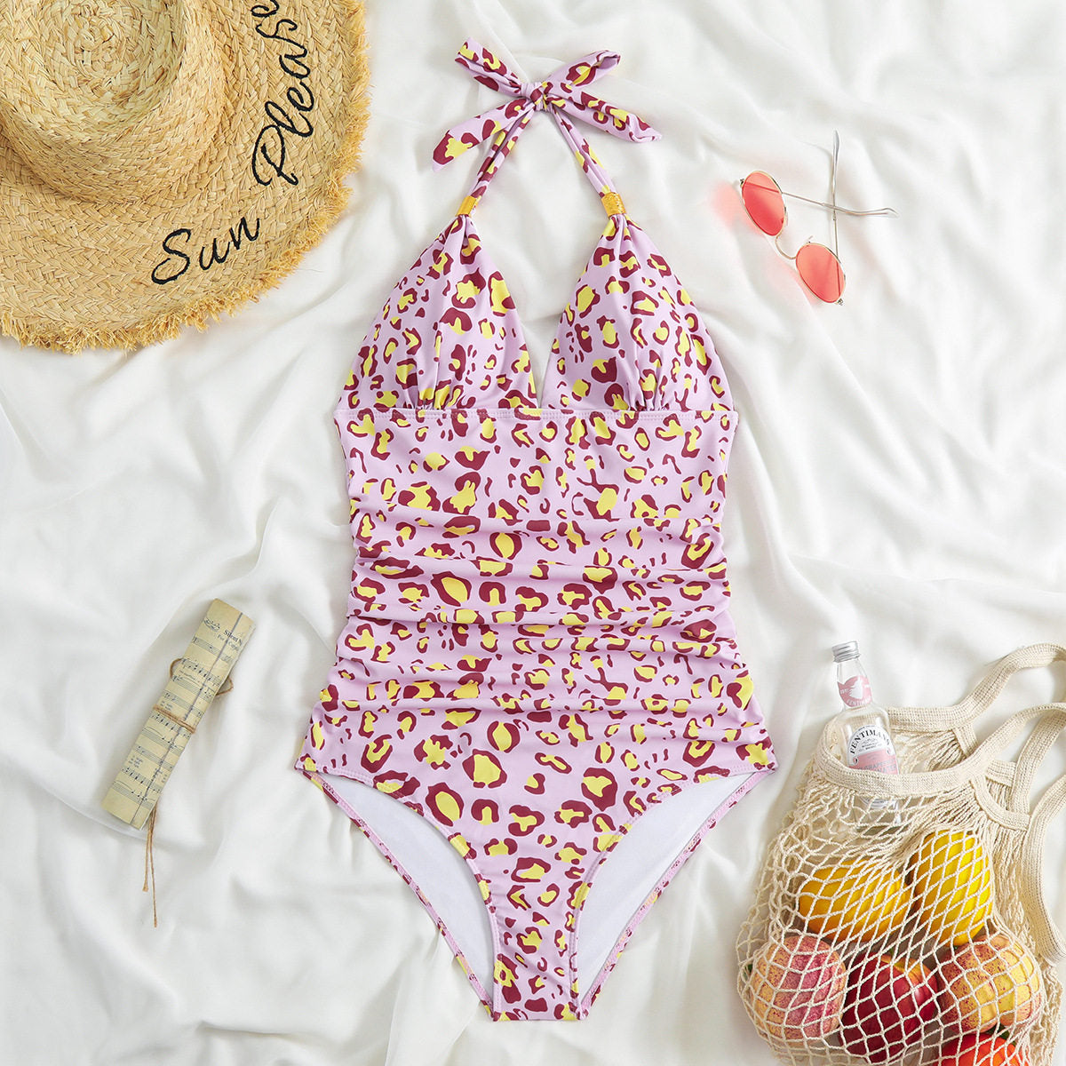 One-Piece Swimsuit Leopard Print Halter Neck Backless Women