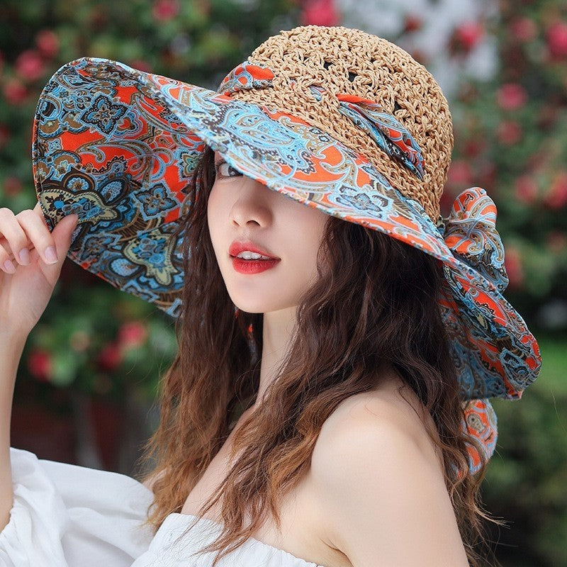 Sun Hat With Printed Patchwork Straw Design