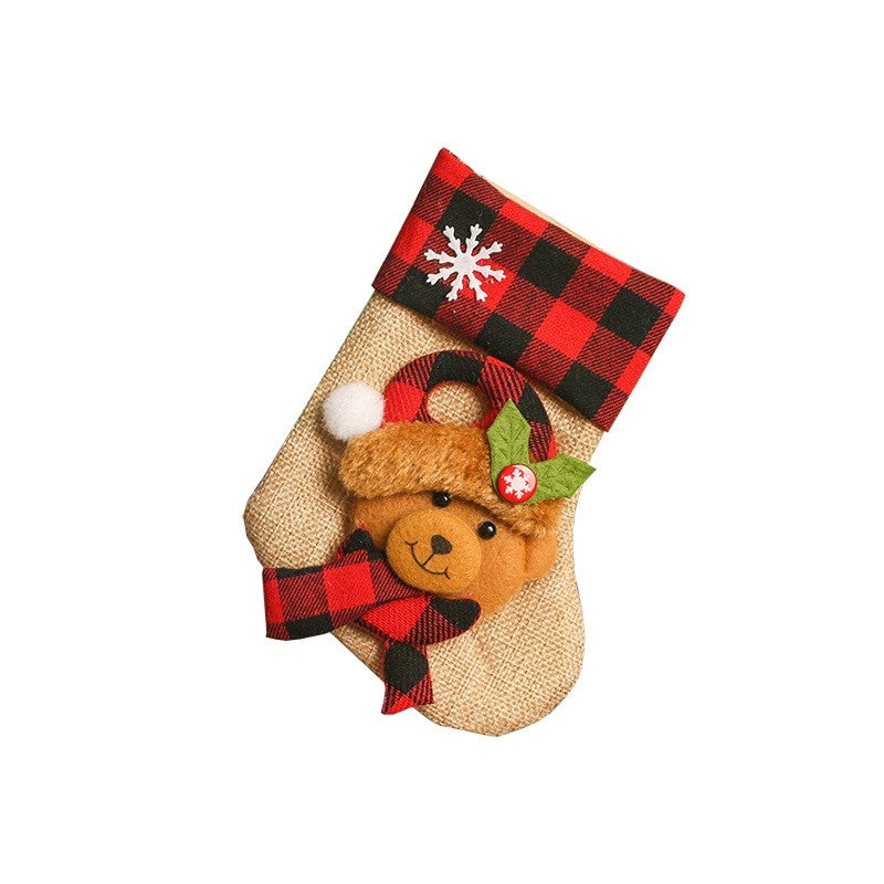 Red Black Plaid Ramie Cotton Patchwork Cute Cartoon Christmas Socks Gift Bag