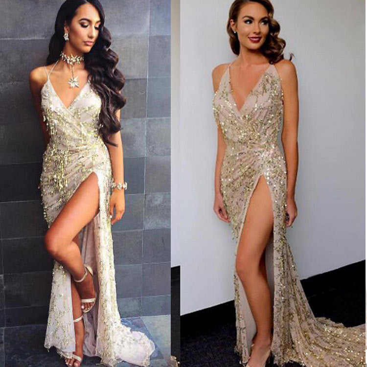 Sexy Backless Sequin Long Evening Dresses-Dresses-Free Shipping at meselling99