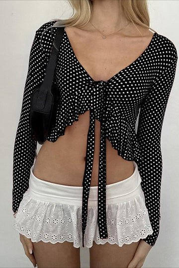 Polka Dot Tie Front Ruffled Crop Top