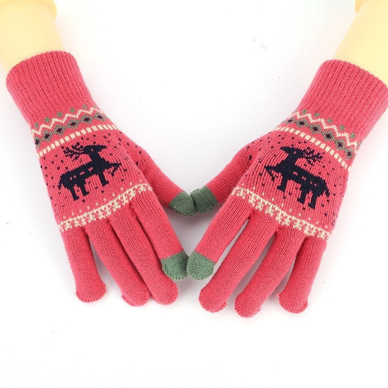Touchscreen Fawn Jacquard Double Layer Knit Gloves