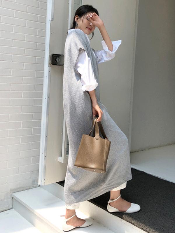 Meselling99 Knitting Loose V-Neck Sleeveless Long Dress-Maxi Dress-GRAY-FREE SIZE-Free Shipping at meselling99