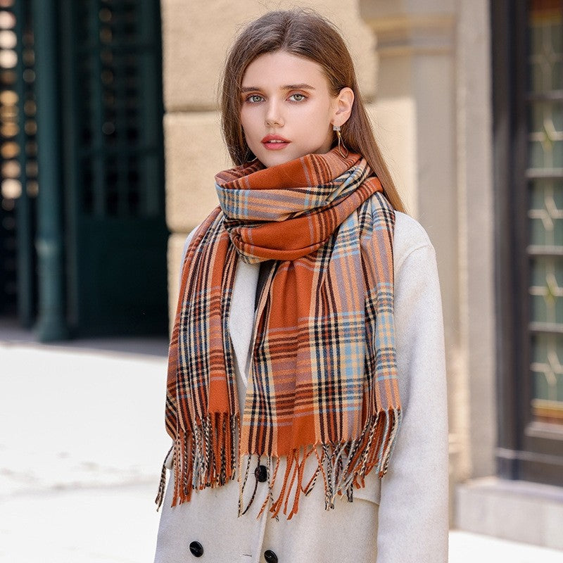 Contrast Color Plaid Tasseled Imitation Cashmere Soft Scarf