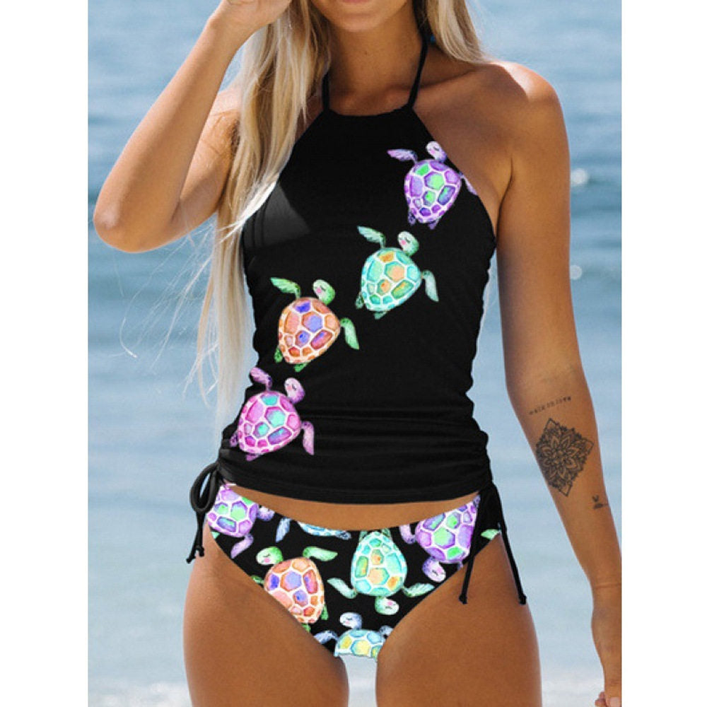 Women's Bikini Set With Coconut Print, Halter Neck, High-Waisted