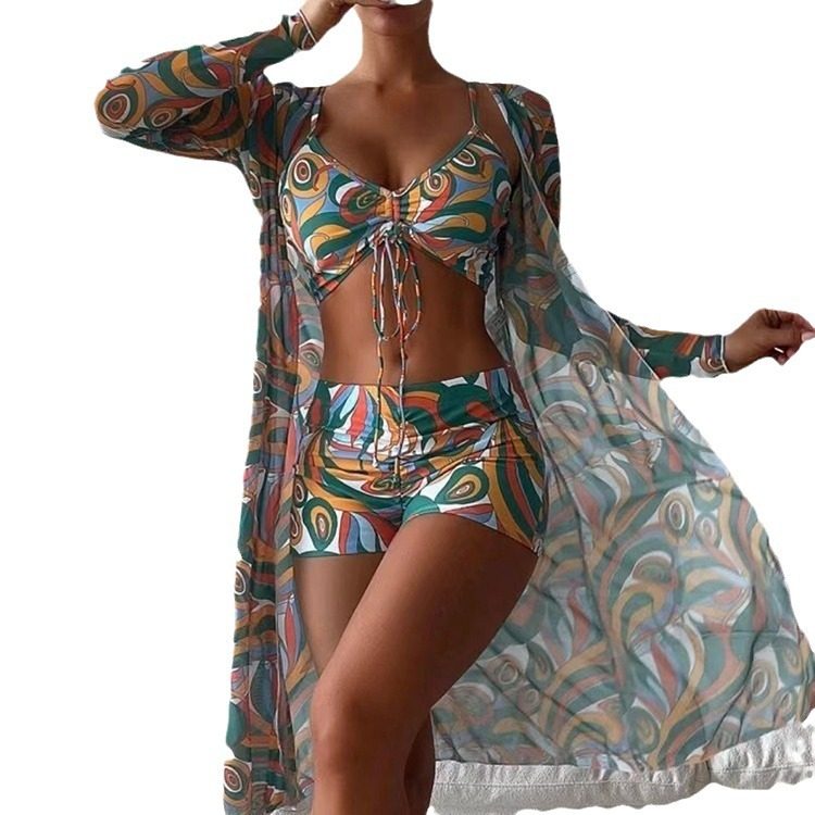 High Waist Long Sleeve Bikini Set With Cover Up And Drawstring Bottoms