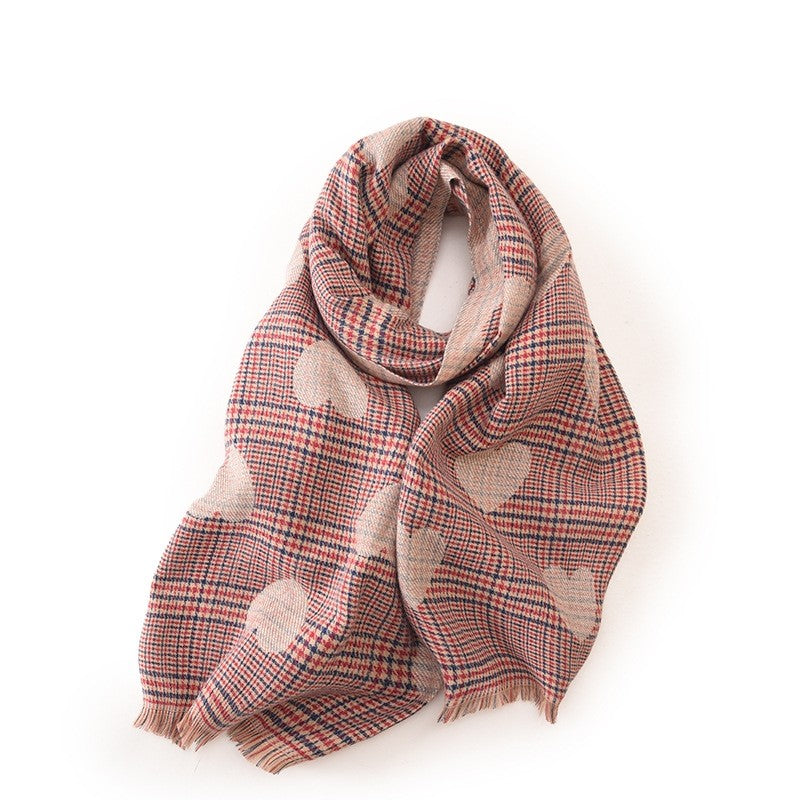 Heart Printed Plaid Tasseled Thick Warm Shawl Scarf
