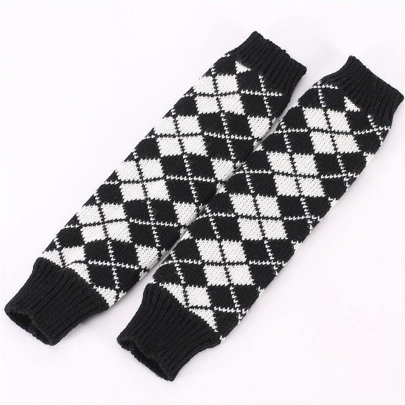 Long Color Block Rhombus Open Finger Knit Gloves