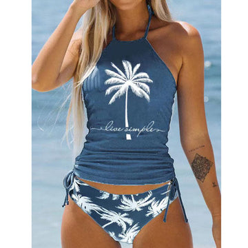 Women's Bikini Set With Coconut Print, Halter Neck, High-Waisted