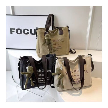 Letter Print Canvas Bag With Pendant