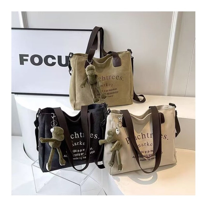 Letter Print Canvas Bag With Pendant