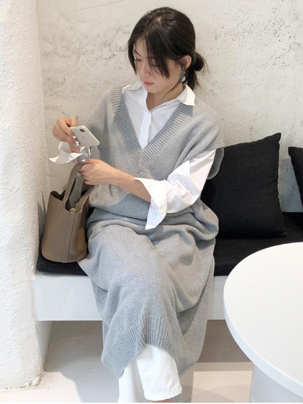 Meselling99 Knitting Loose V-Neck Sleeveless Long Dress-Maxi Dress-GRAY-FREE SIZE-Free Shipping at meselling99